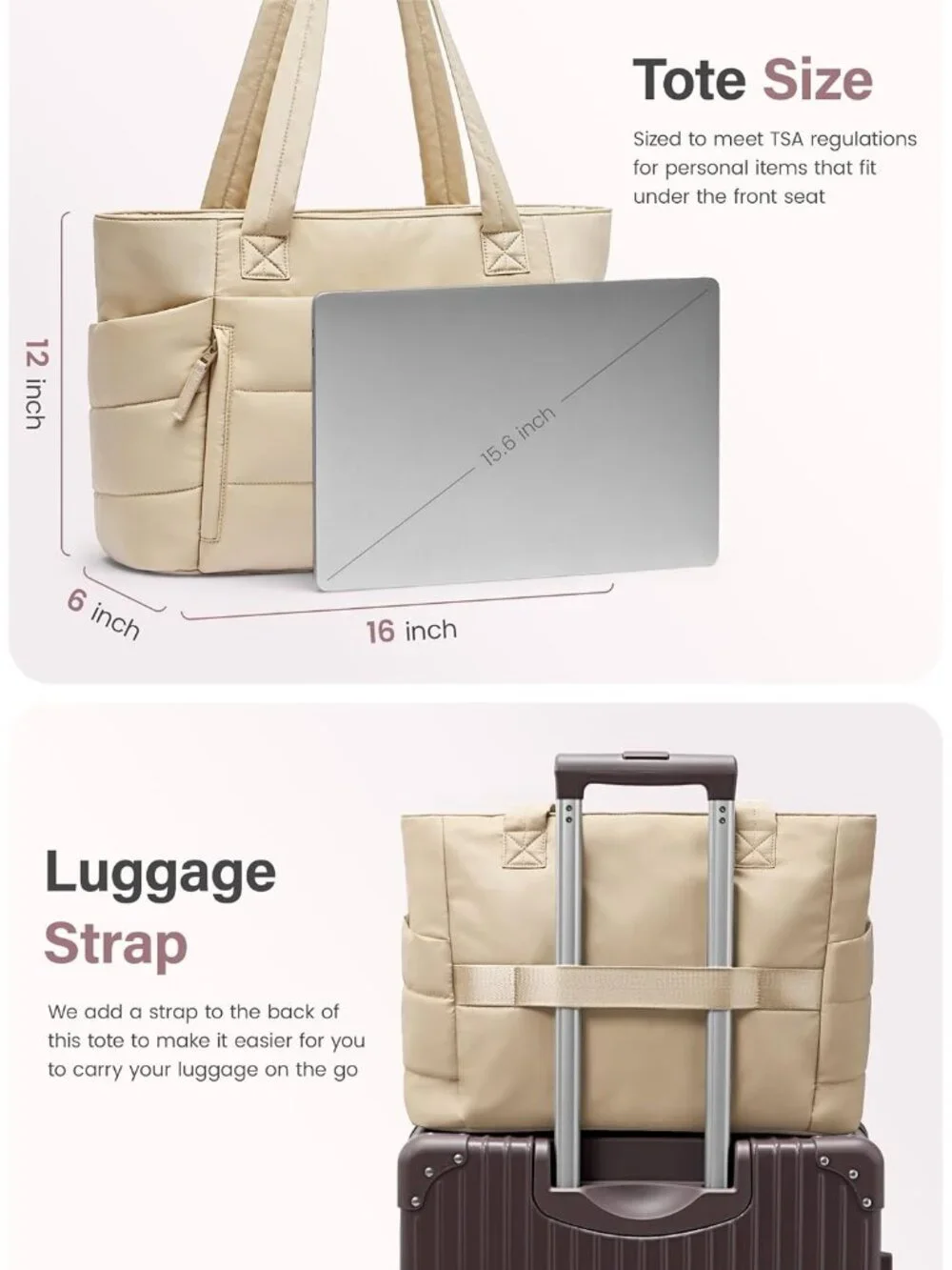 👜Women's Light Khaki Quilted Puffer Tote Bag Zipper Work Bag With Compartments
